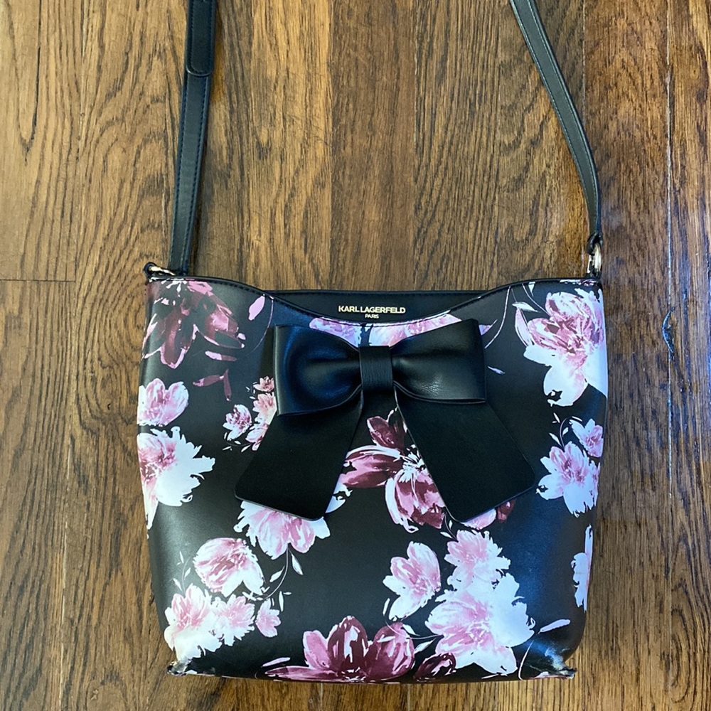 Karl Lagerfeld Paris Black Pink Floral Crossbody Purse Bag Bow Handbag